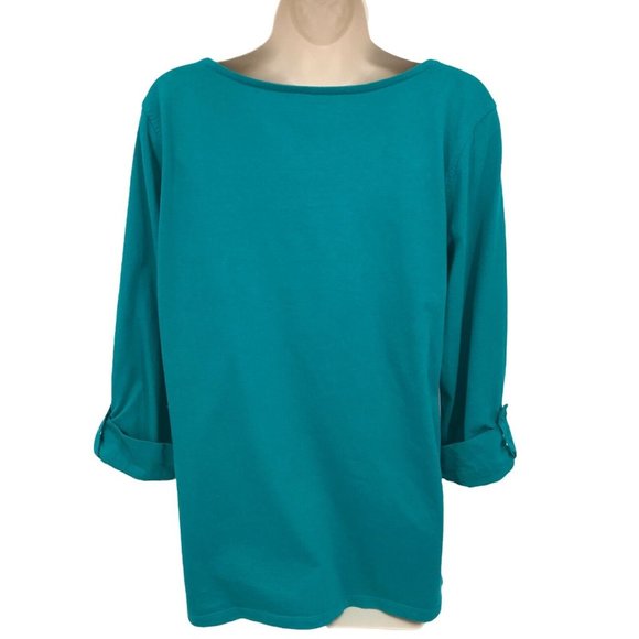 Charter Club Women's Blue Roll Tab Sleeves Pleated Pullover Blouse Top Size PL - Picture 2 of 7